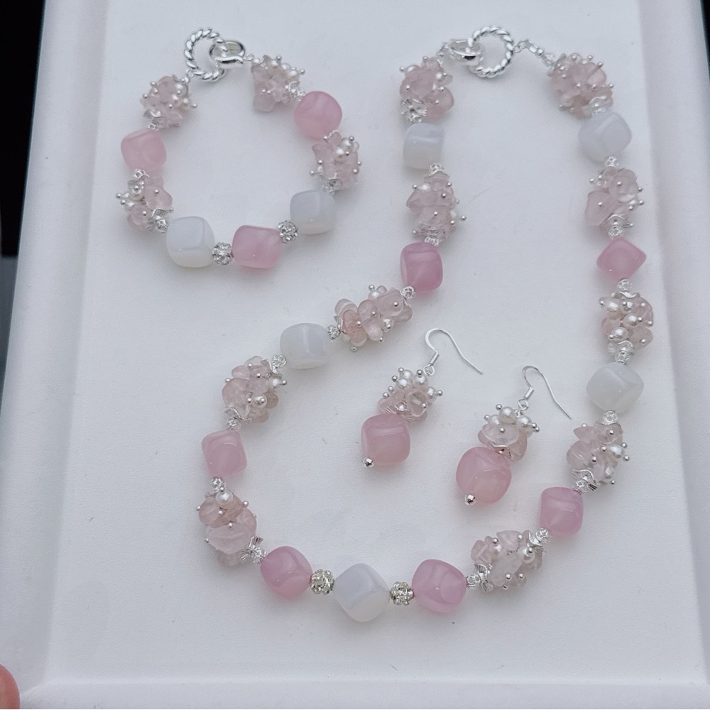 X725 Handmade Freshwater Pearl Rose Quartz Agate Flower Blossom 3pcs Set